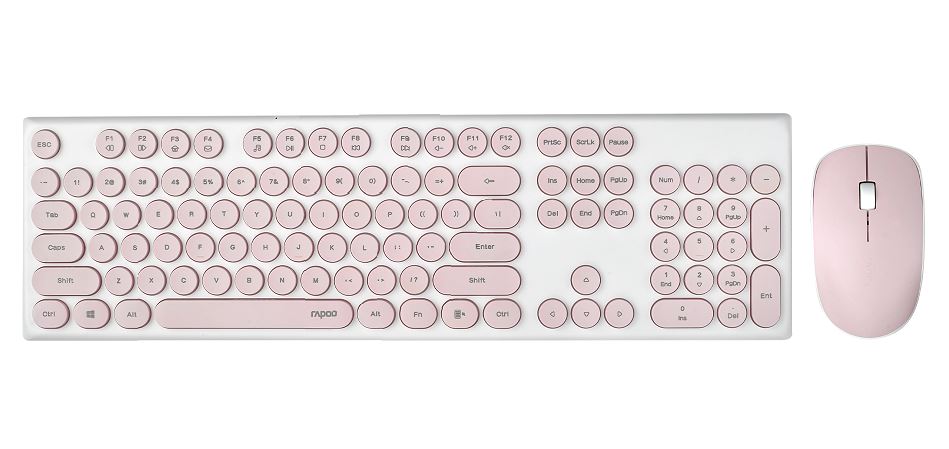 RAPOO Wireless Optical Mouse & Keyboard - 2.4G Connection, 10M Range, Spill-Resistant, Retro Style Round Key Cap, 1000DPI - Pink