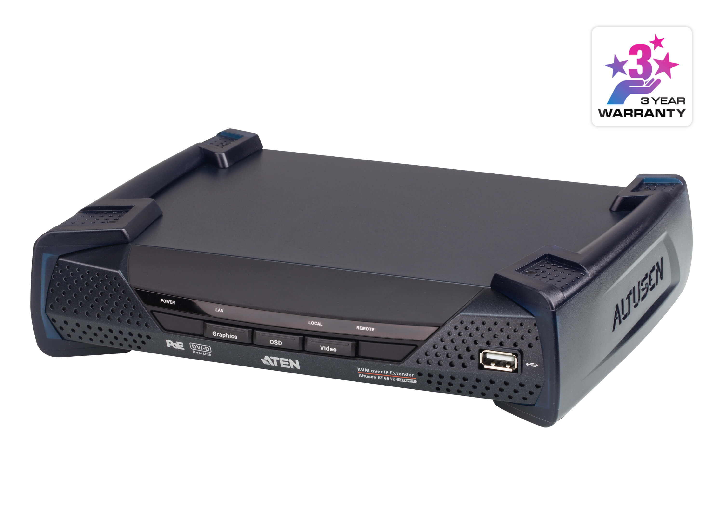 Aten DVI Dual Link KVM over IP Receiver with DC Power + Power over Ethernet support, supports up to 2560 x 1600 @ 60 Hz, USB and 3.5mm Audio