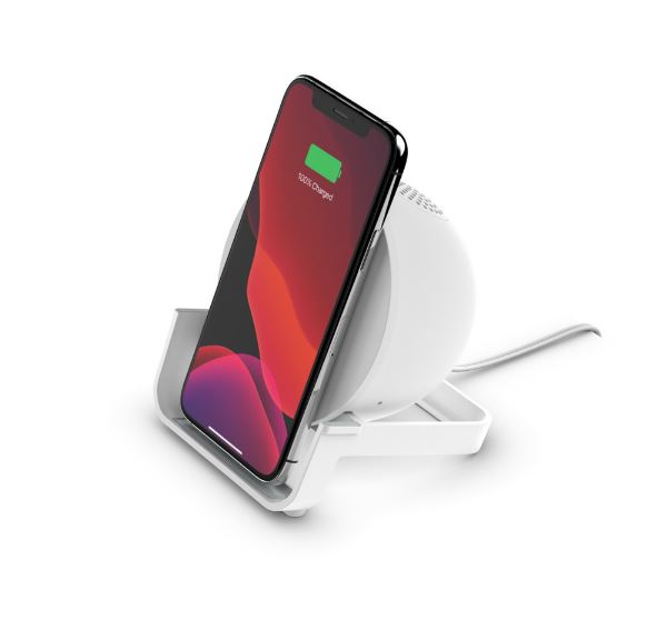 Belkin BOOST↑CHARGE™ Wireless Charging Stand + Speaker - White (AUF001AUWH), $2,500 Connected Equipment Warranty, Compact design, Built-in Microphone