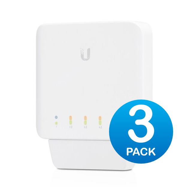 Ubiquiti USW Flex 3 Pack- Managed, Layer 2 Gigabit switch with auto-sensing 802.3af PoE support. 1x PoE In, 4x PoE Out