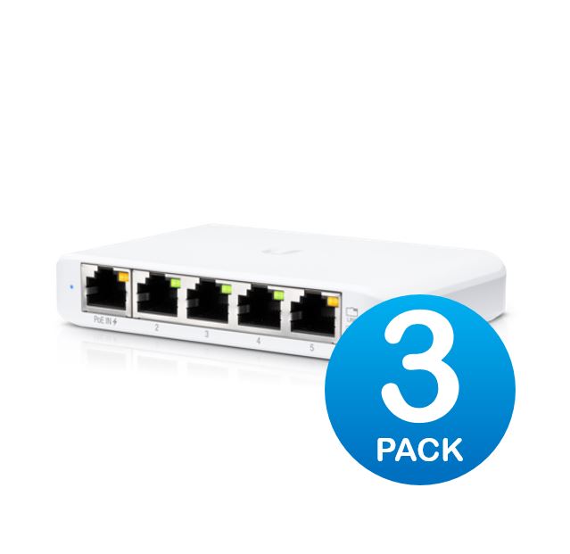 Ubiquiti USW Flex Mini 3 Pack - Managed, UniFi, Layer 2 Gigabit Switch, 5x GbE RJ45 Ports, Powerable Via PoE (802.3af) or USB Type-C 5V 1A, No PSU