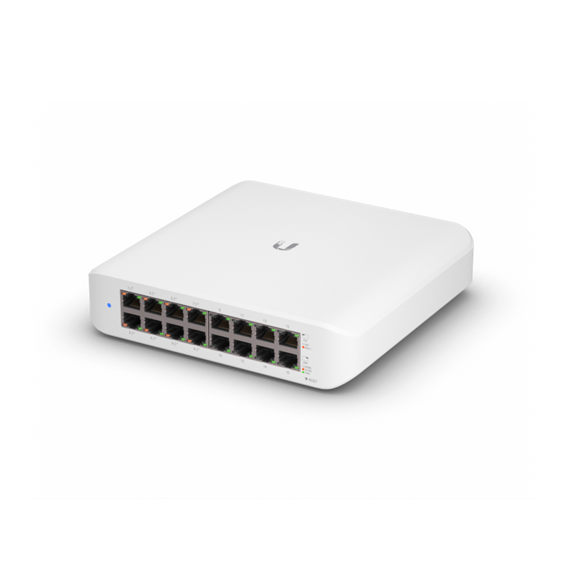 Ubiquiti UniFi Switch Lite 16 PoE, Layer 2, 16x GbE RK45 Ports, 8x 802.3at PoE+ Ports, 45W PoE Budget, Fanless Unit, Wallmount Kit Included