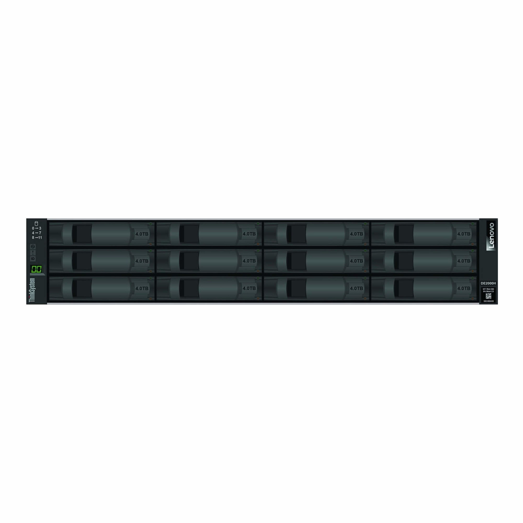 Lenovo ThinkSystem DE2000H 10GBASE-T iSCSI Hybrid Flash Array LFF 2u, 12 x 3.5' (4x 10 Gb iSCSI base ports [no SFPs], 4x 10 Gb iSCSI RJ-45 HIC ports)
