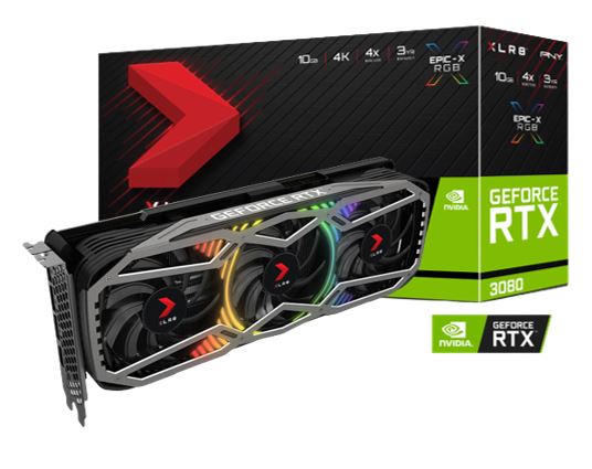 PNY NVIDIA GeForce RTX 3080 10GB RGB XLR8 Gaming REVEL EPIC-X Triple Fan 8704 Cuda 19Gbps 1440/1710 MHz 8K@60Hz 3xDP 1xHDMI 4xDisplays LHR Video Card